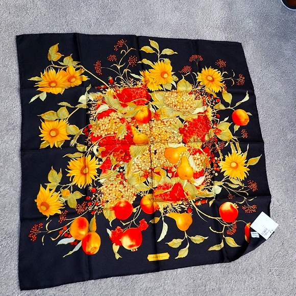 Salvatore Ferragamo Accessories - Salvatore Ferragamo Silk Scarf approx 33" x 33", black, red, green, gold